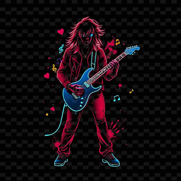 PSD guitarist in rock pose neon pop art design with vivid red and blue color theme decorated with music1