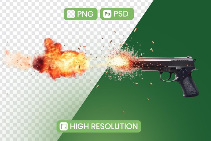 PSD gun firing bullets with explosion effect and smoke transparent background action theme
