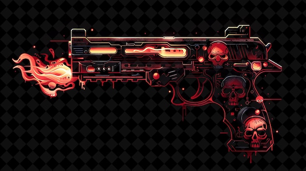 Gun pixel item with skulls and crossbones and flames with da y2k shape neon color art collections