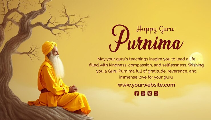 PSD guru purnima concept an old person wearing yellow robes and seated calmly scene on yellow background