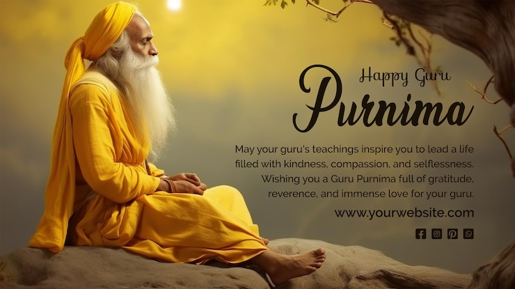PSD guru purnima concept an old person wearing yellow robes and seated calmly scene on yellow background