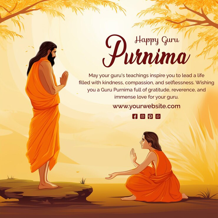 PSD guru purnima concept a sage standing and a kid sitting calmly scene on light orange background