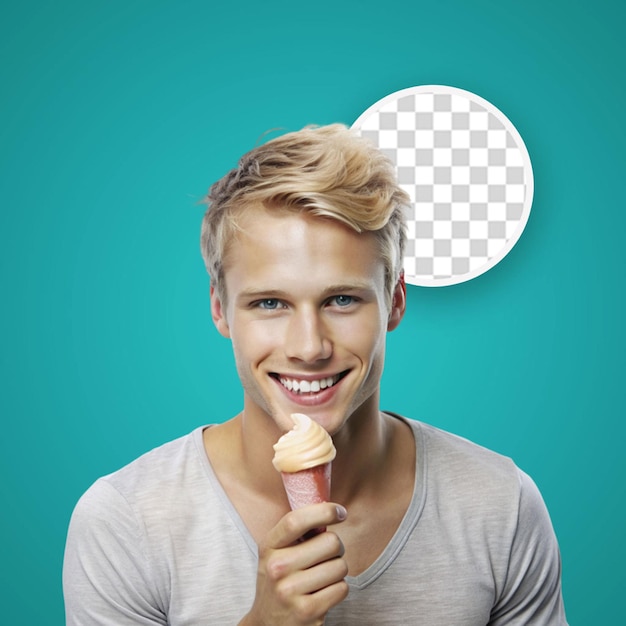 PSD guy holding an ice cream stick in his hand near his face looking at it with an urge to eat it