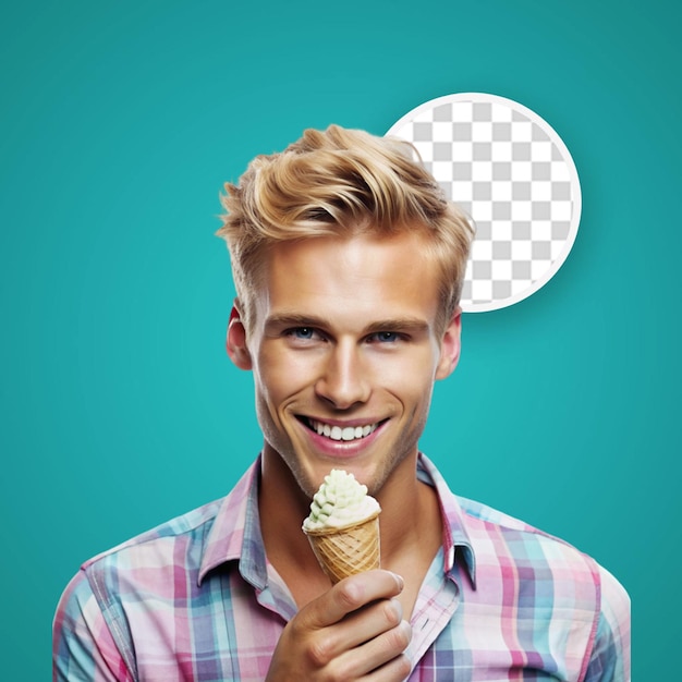 PSD guy holding an ice cream stick in his hand near his face looking at it with an urge to eat it