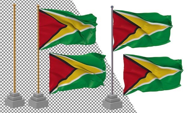 guyana flag waving different style with stand pole isolated 3d rendering