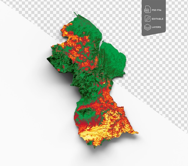 PSD mappa della guyana con la bandiera colore giallo e verde ombra mappa in rilievo sfondo bianco illustrazione 3d