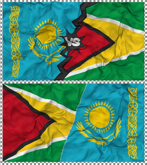 Guyana versus Kazachstan Halve gecombineerde vlag Cloth Bump Texture 3D Rendering