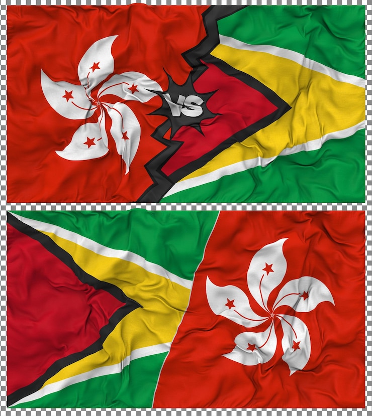 PSD guyana vs hong kong half combined flag cloth bump texture rendering 3d (guyana przeciwko hong kongu)