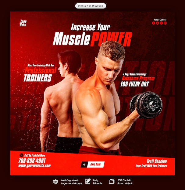 Gym- en fitnessbanner voor sociale media of instagram-postsjabloon