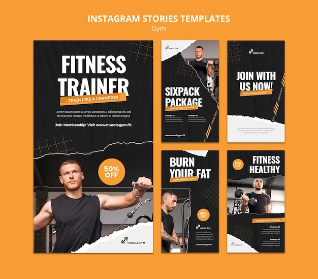 PSD collezione di storie di instagram di palestra e fitness