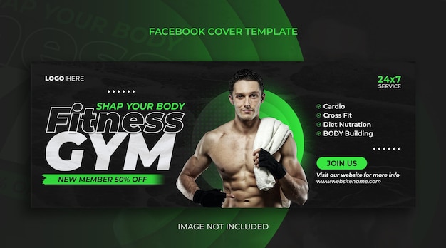 Gym or fitness promotional horizontal web banner or facebook cover page design template