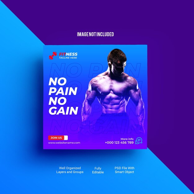 PSD gym and fitness promotional instagram banner or social media post template