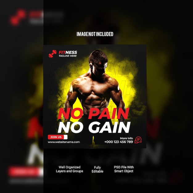 PSD gym and fitness promotional instagram banner or social media post template