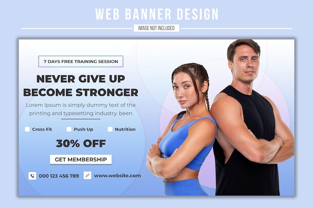 Gym and fitness promotional large editable web banner design PSD file