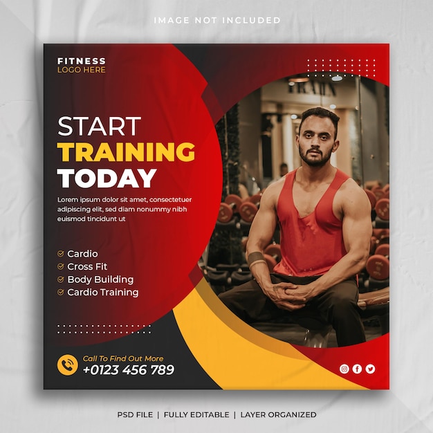 Gym and fitness promotional social media post instagram banner or square flyer template