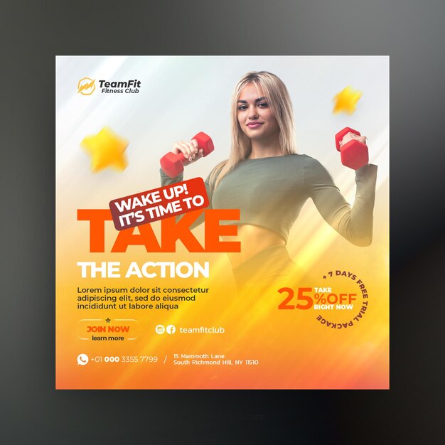 PSD gym fitness social media post template or web banner