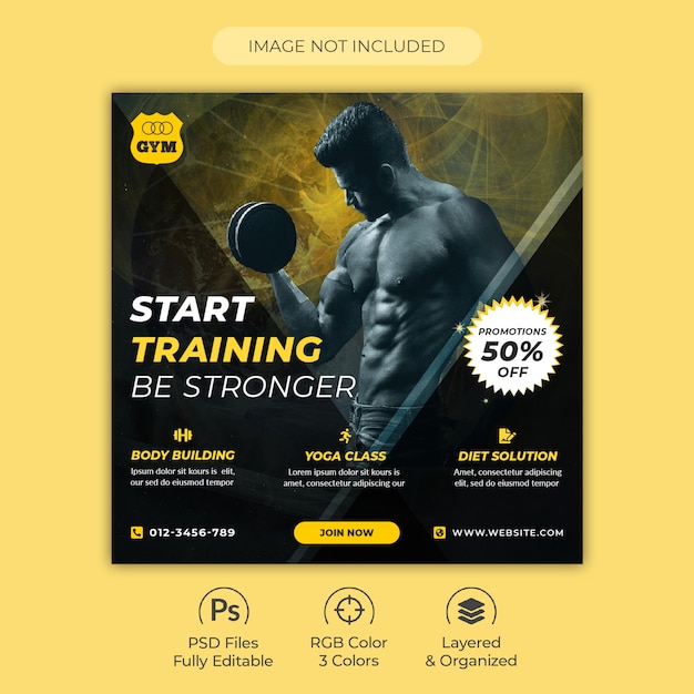 PSD gym and fitness training center square flyer or social media post template