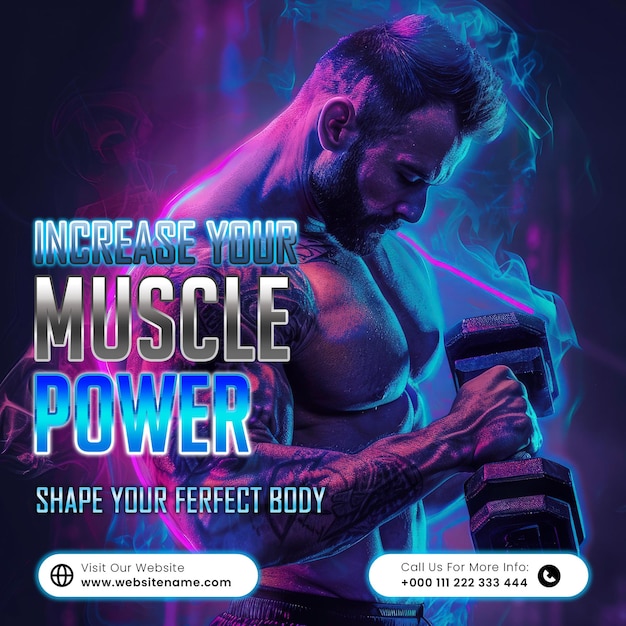 PSD gym and fitness training social media template with neon effect