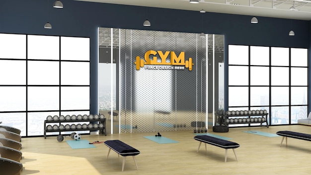 PSD gym logo mockup in the gym room with mirror wall