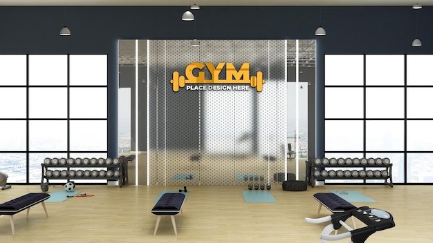 Gym logo mockup in the gym room with mirror wall