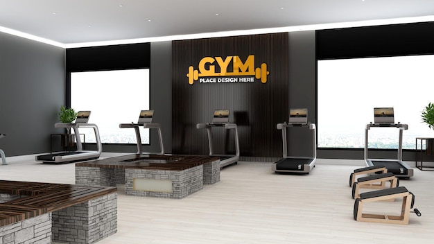 Gym logo mockup in the modern gym room with black wall decoration