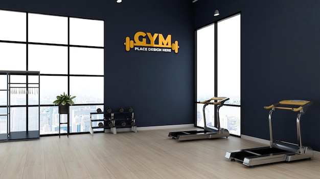 PSD gym logo mockup in the modern gym room