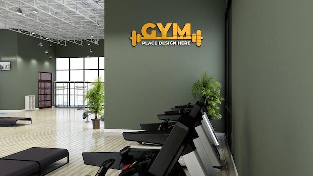 PSD gym logo mockup in the modern gym room