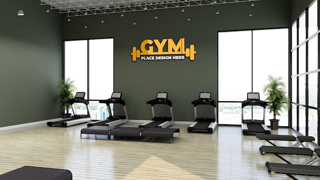 Gym logo mockup in the modern gym room