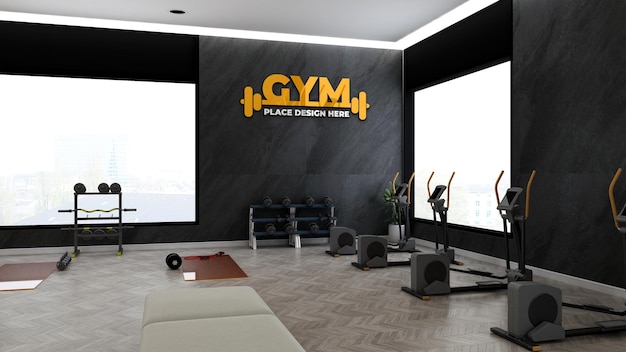 PSD gym wall logo mockup in the athlete fitness or gym room with black wall