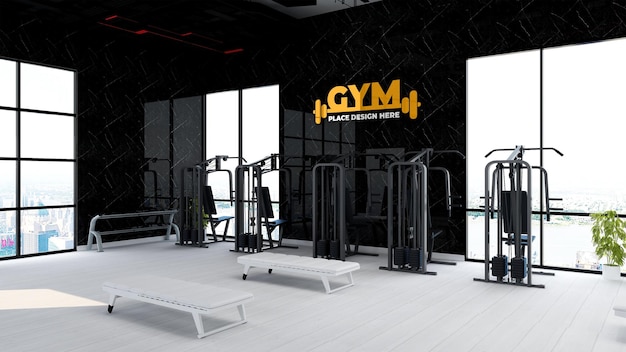 PSD gym wall logo mockup in the athlete fitness or gym room with black wall