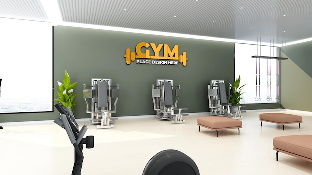 Mockup del logo della parete della palestra nella sala fitness o palestra dell'atleta con parete nera