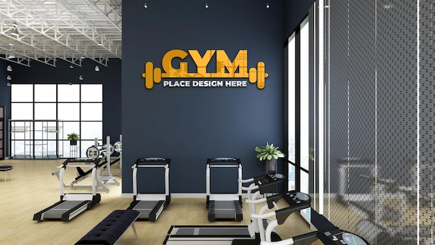 Gym wall logo mockup in the athlete fitness or gym room with navy wall