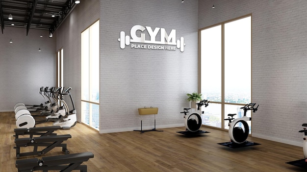 PSD mockup del logo della parete della palestra nella sala fitness