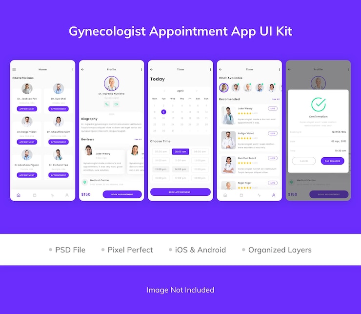 PSD gynecologist appointment app ui kit