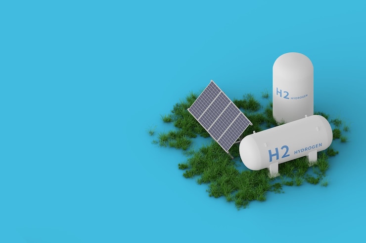 PSD h2 hydrogen tank and solar power panels 3d rendering