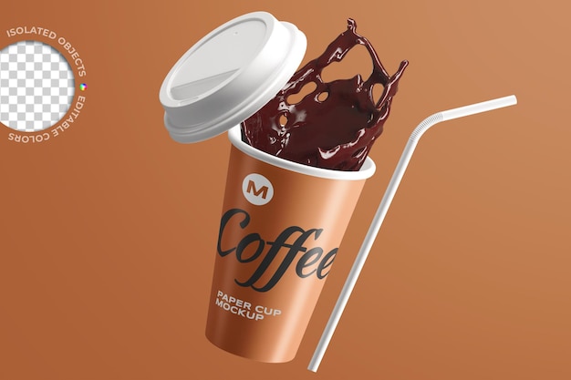 Haal papieren beker mockup koffie plons drijvend stro verpakking arrangement branding geïsoleerd weg