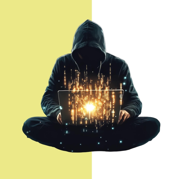 PSD a hacker in a black hoodie sits with a laptop surrounded by holographic code isolated on a white background transparent alpha background png