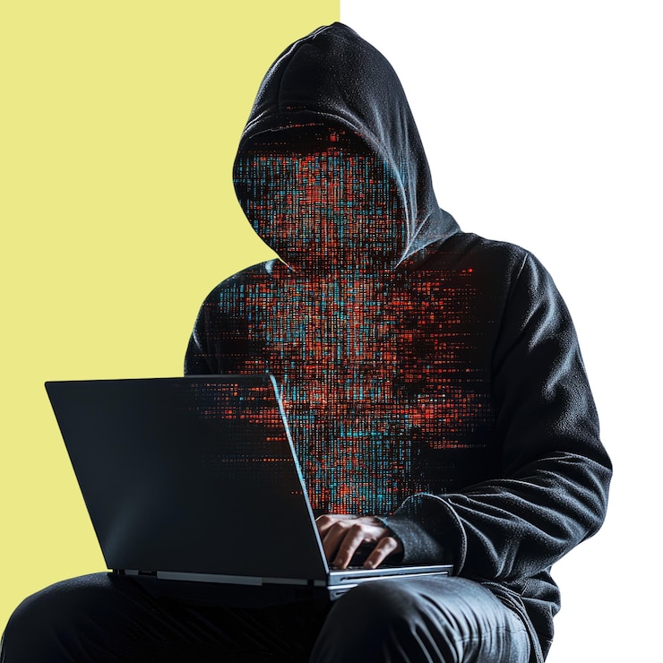 PSD a hacker in a black hoodie sits with a laptop surrounded by holographic code isolated on a white background transparent alpha background png