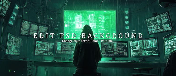 PSD hacker in a dark room with multiple monitors