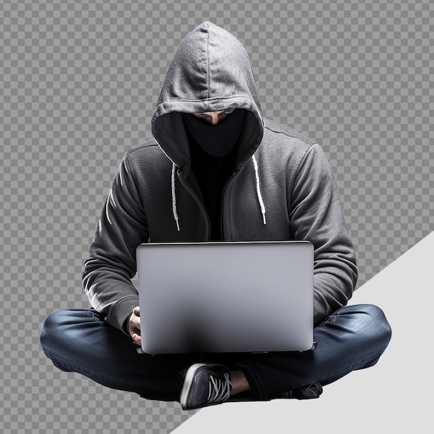 PSD hacker in hoodie using laptop png isolated on transparent background