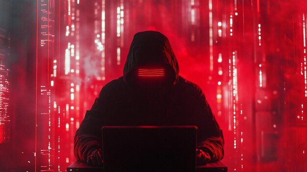Hacker in hooded cloak working on laptop in a red illuminated cyber space
