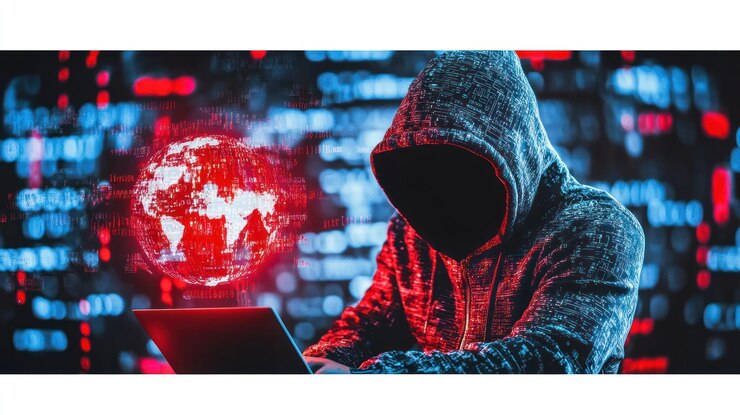 PSD hacker pracujący na laptopie z cyfrowym globusem