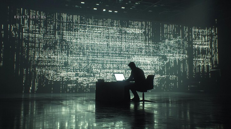 PSD hacker silhouette working on laptop with data stream wall
