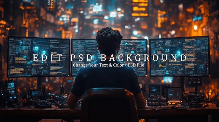 PSD hacker at work in a futuristic setting
