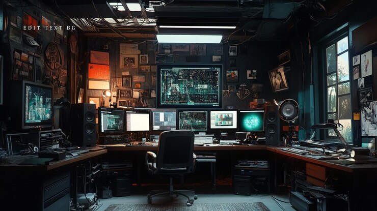 PSD hackers dimly lit workspace with multiple monitors sound system and wall covered in photos and tech schematics