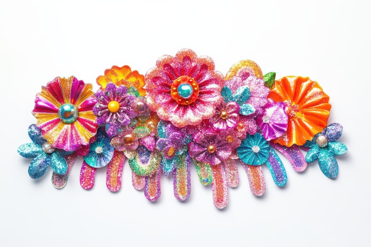PSD hair accessories with glittering harajuku whimsical isolated on transparent background
