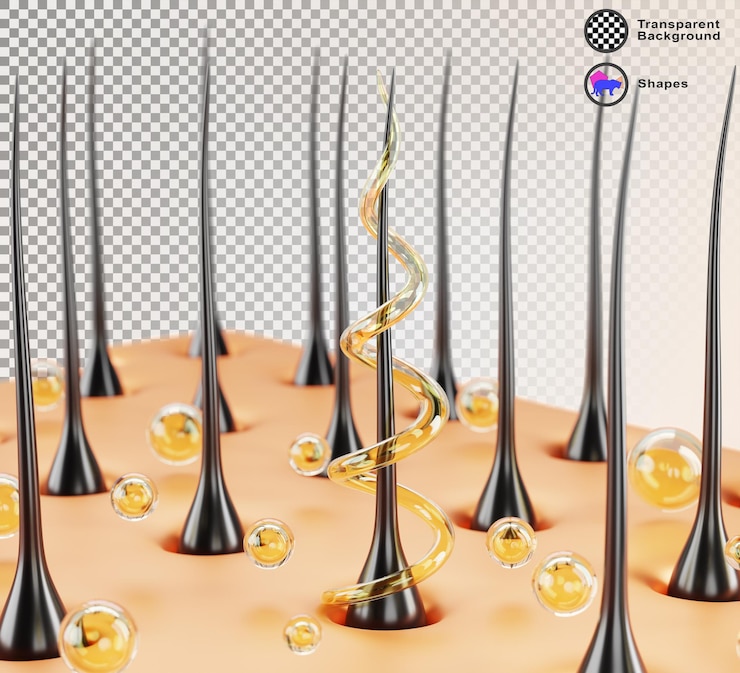 PSD hair care 3d render background scalp skin with follicles golden oil drops and liquid spiral wave swirl nourish repair and treatment cosmetic product keratin shampoo or serum