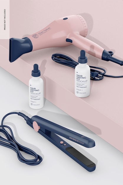 PSD hair drying kit mockup high angle view