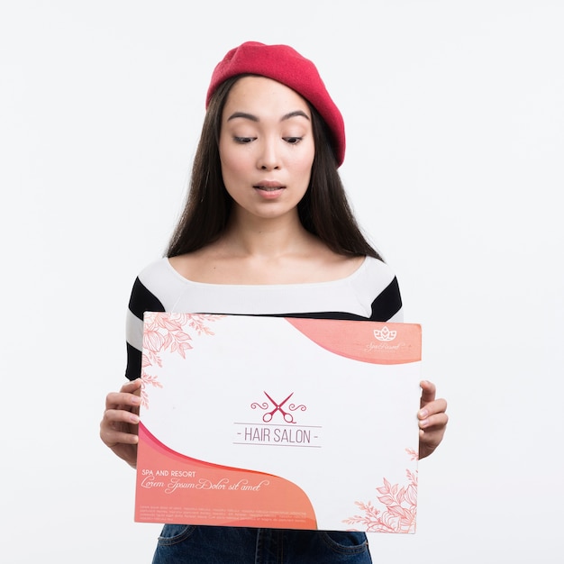 Hair salon mock-up ad and girl with french beret