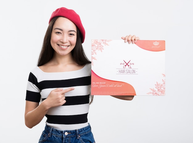 Hair salon mock-up ad and girl with red french beret